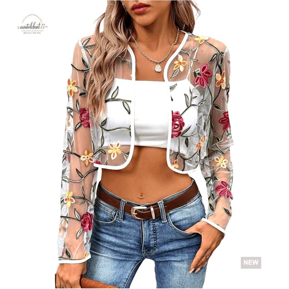 Large Floral Embroidered Mesh Crop Cardigan Jacket Long Sleeve Open Front